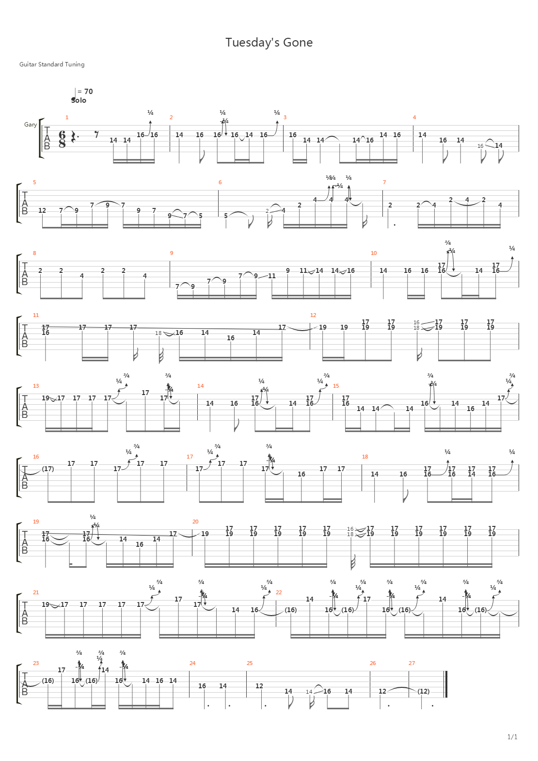 Tuesdays Gone solo吉他谱