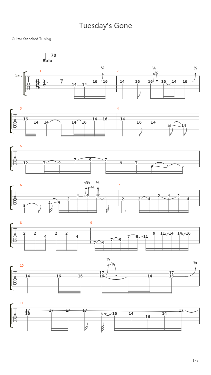 Tuesdays Gone solo吉他谱