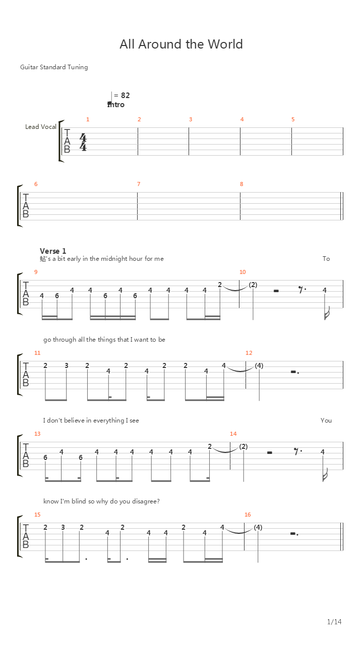 All Around The World吉他谱