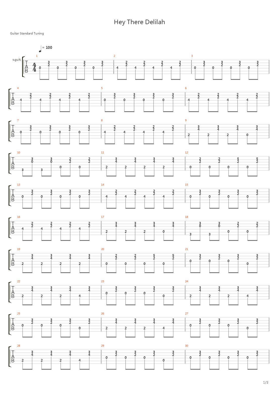 Hey There Delilah吉他谱