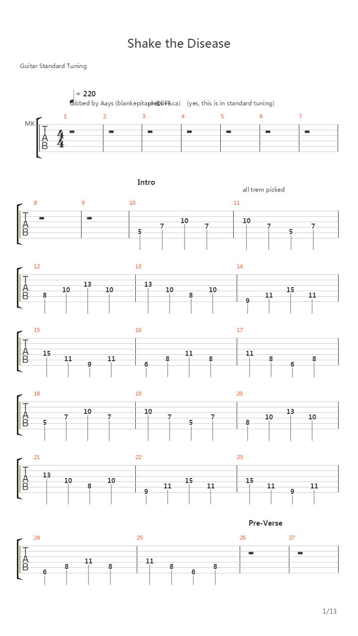 Shake The Disease吉他谱