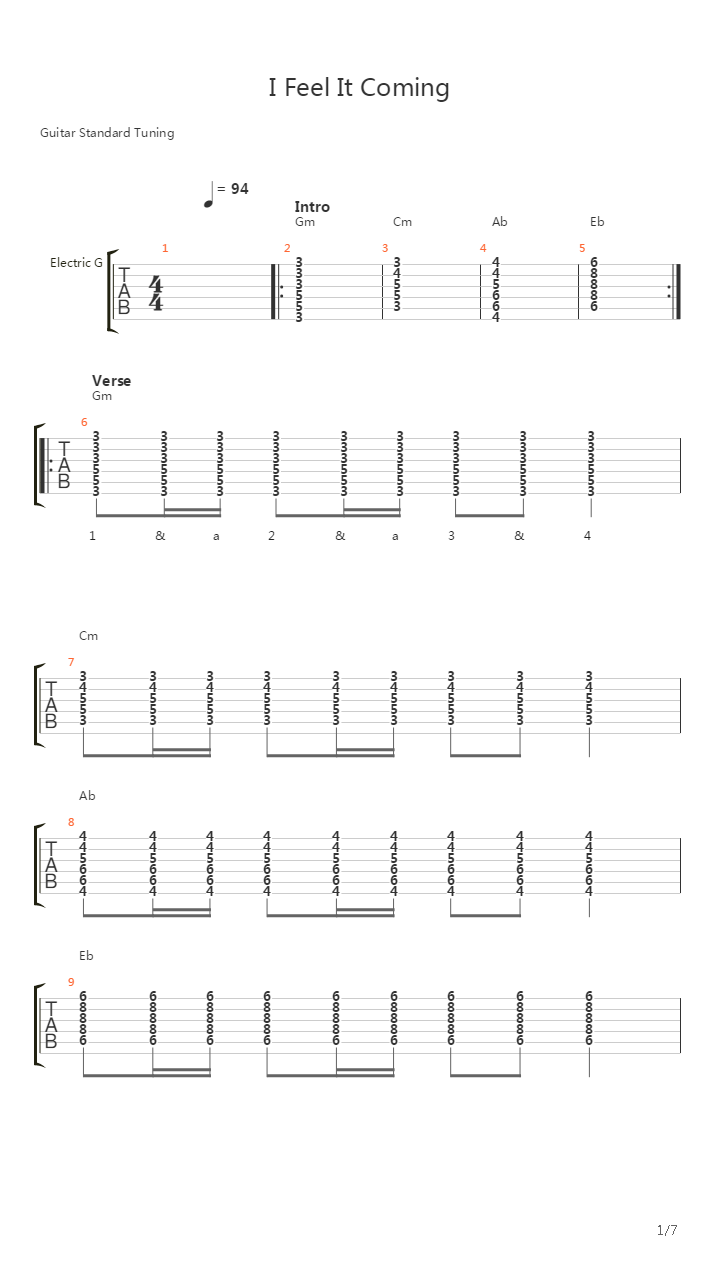 I Feel It Coming吉他谱