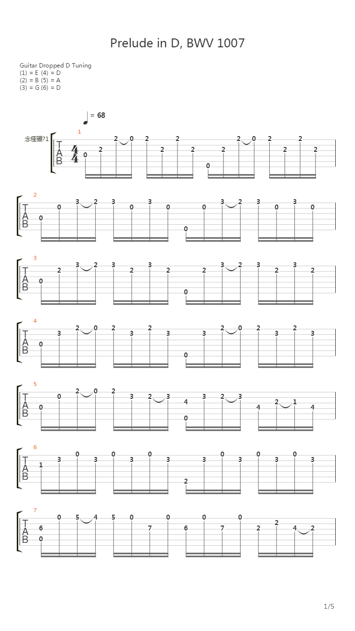 Prelude in D, BWV 1007 (Cello Suite No.1) (Guitar Cover)吉他谱