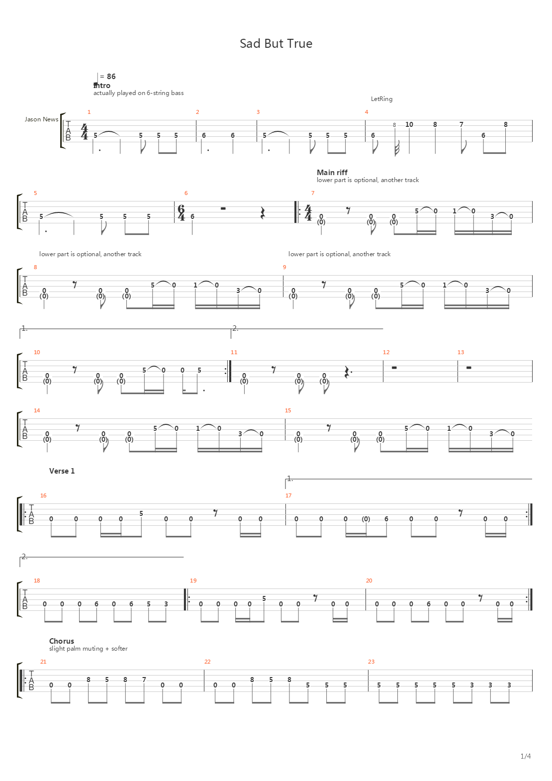 Sad But True (Bass Cover)吉他谱