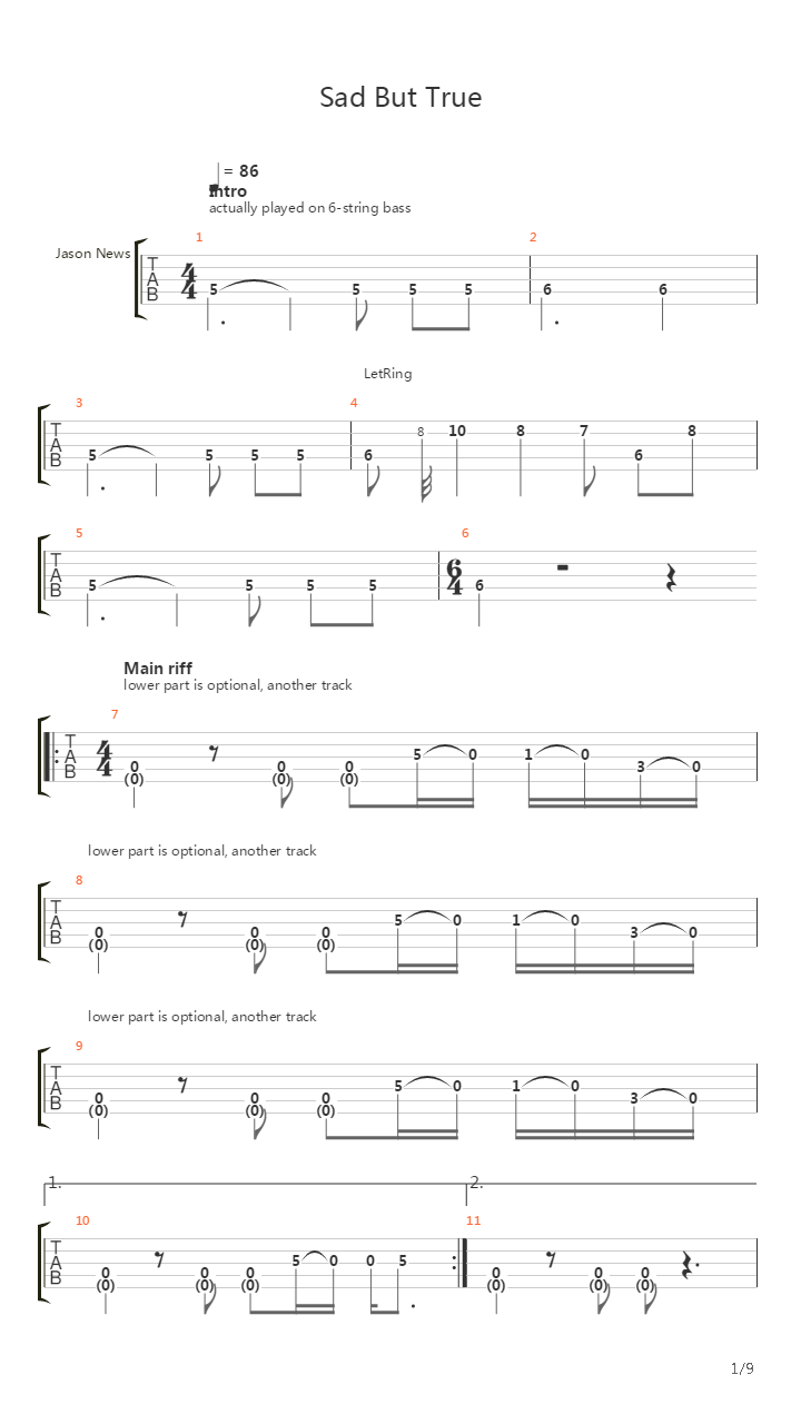 Sad But True (Bass Cover)吉他谱