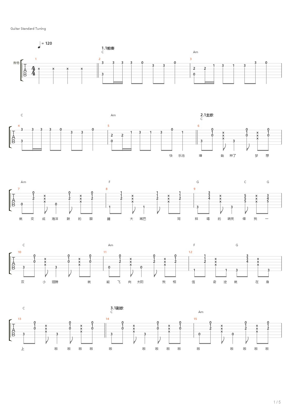 小跳蛙吉他简谱_小跳蛙吉他谱 青蛙乐队 C调弹唱谱 小跳蛙 高清六线谱