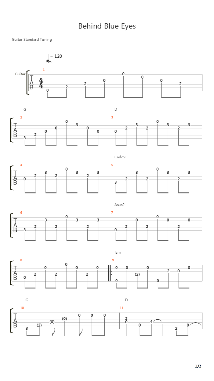 Behind Blue Eyes吉他谱