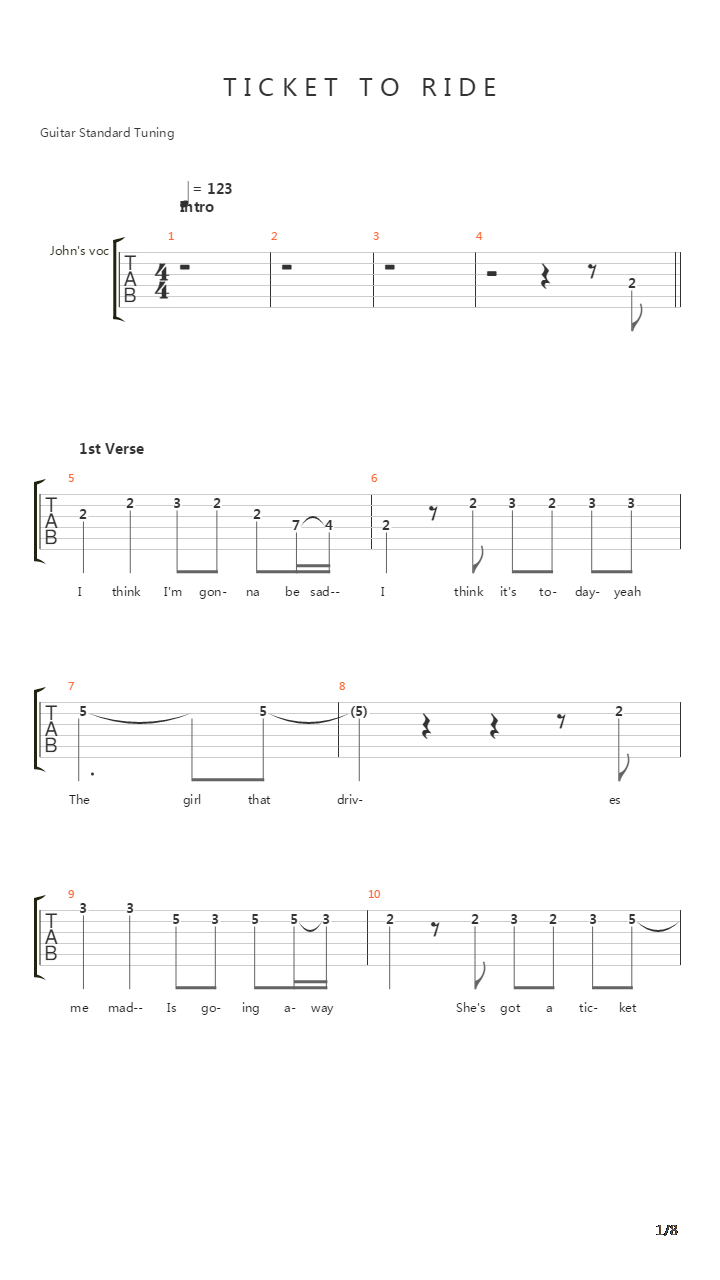 Ticket To Ride吉他谱
