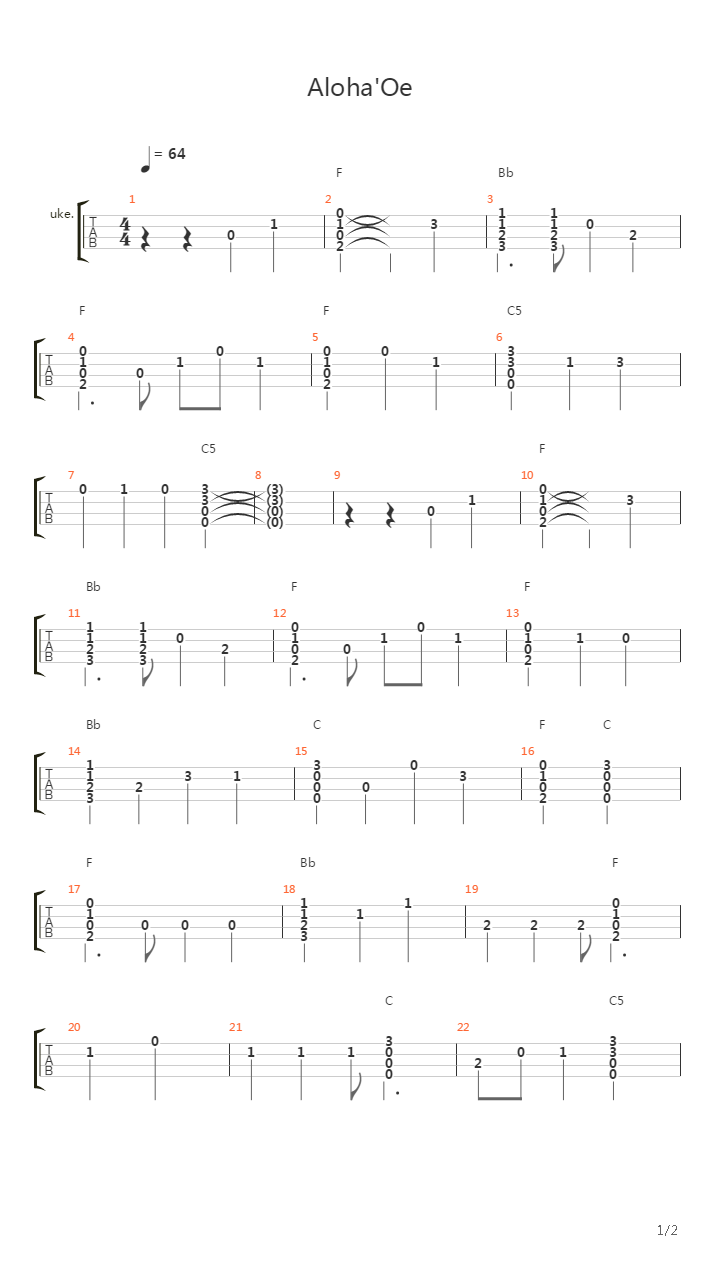 Aloha'Oe(夏威夷民谣)吉他谱