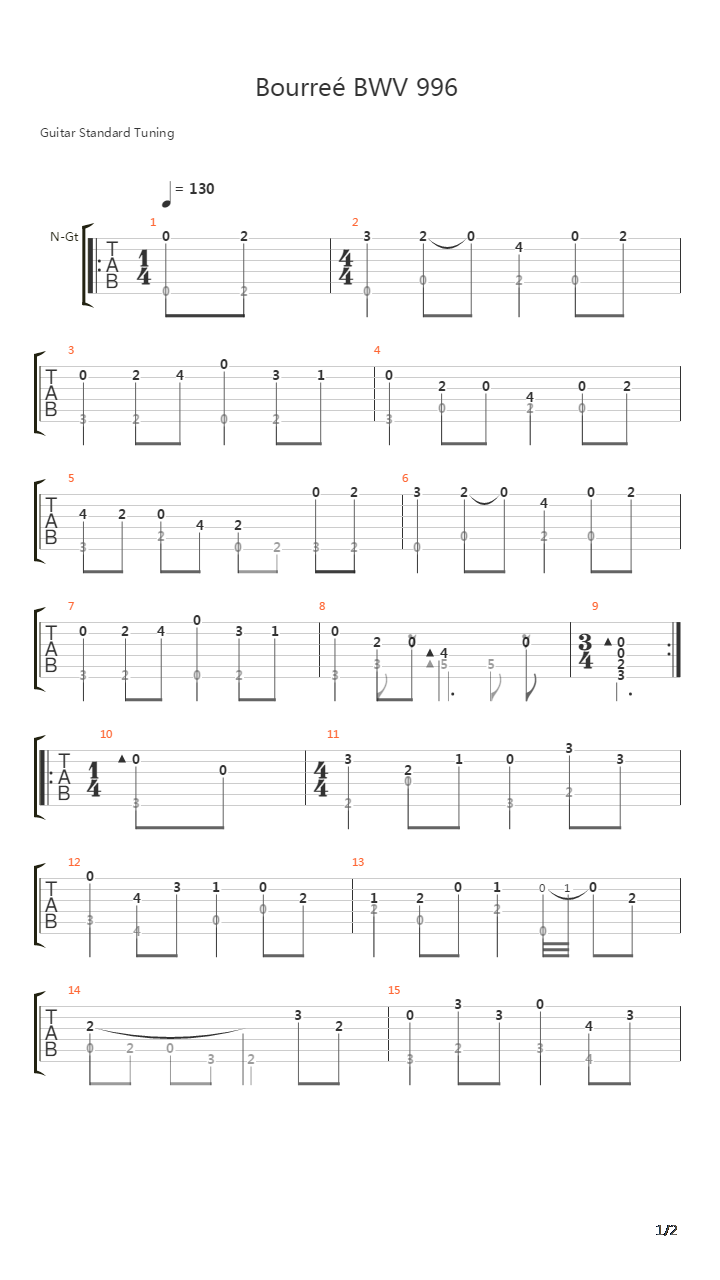 巴赫 - 布雷舞曲BWV 996吉他谱