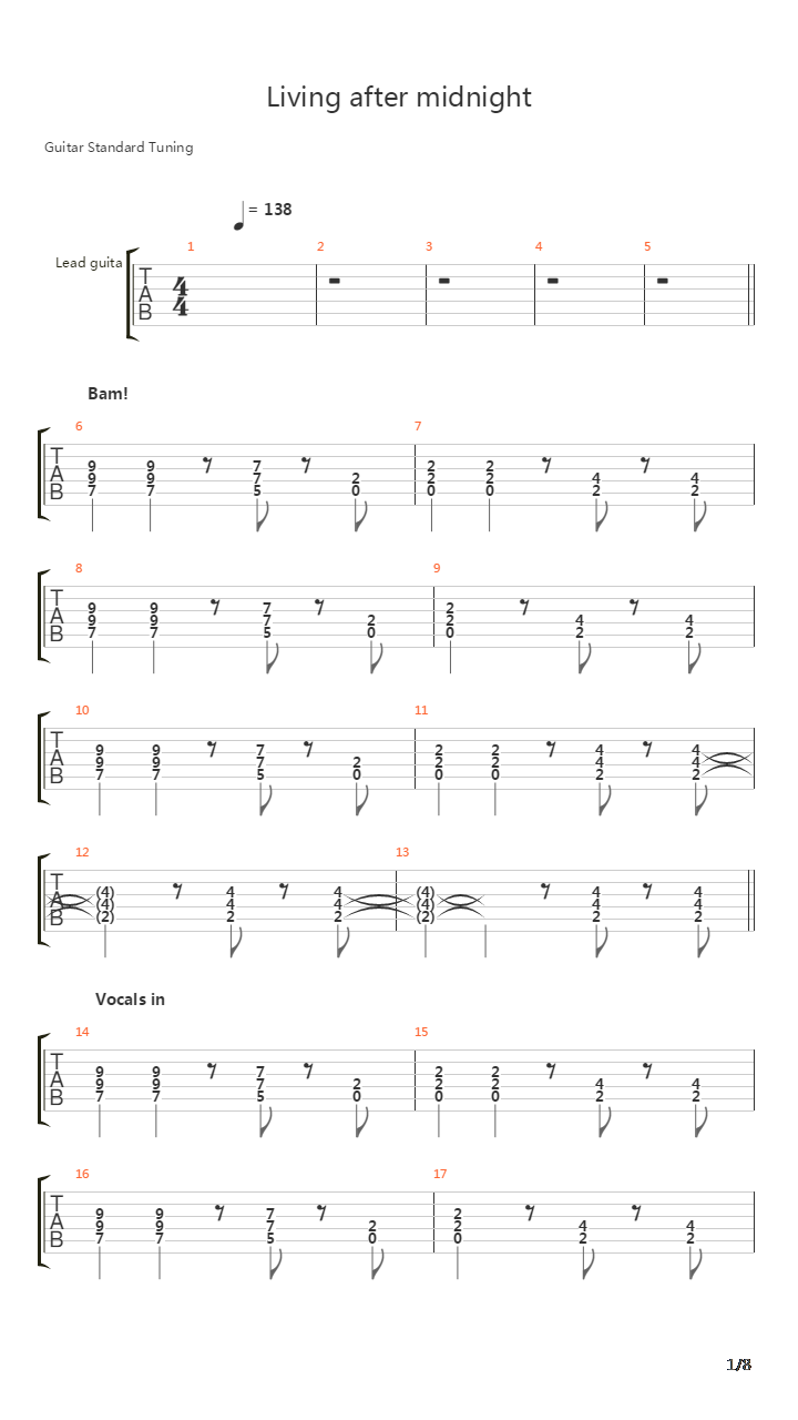 Living After Midnight吉他谱