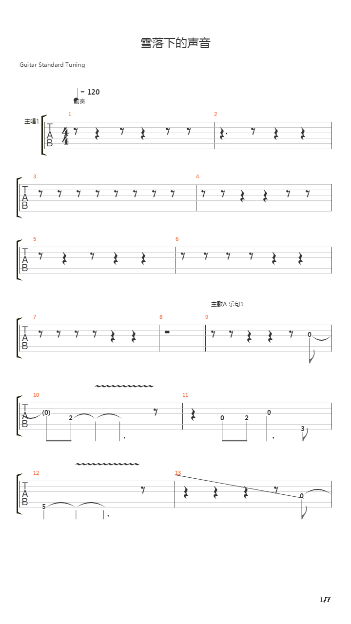 雪落下的声音(陆虎cover)吉他谱