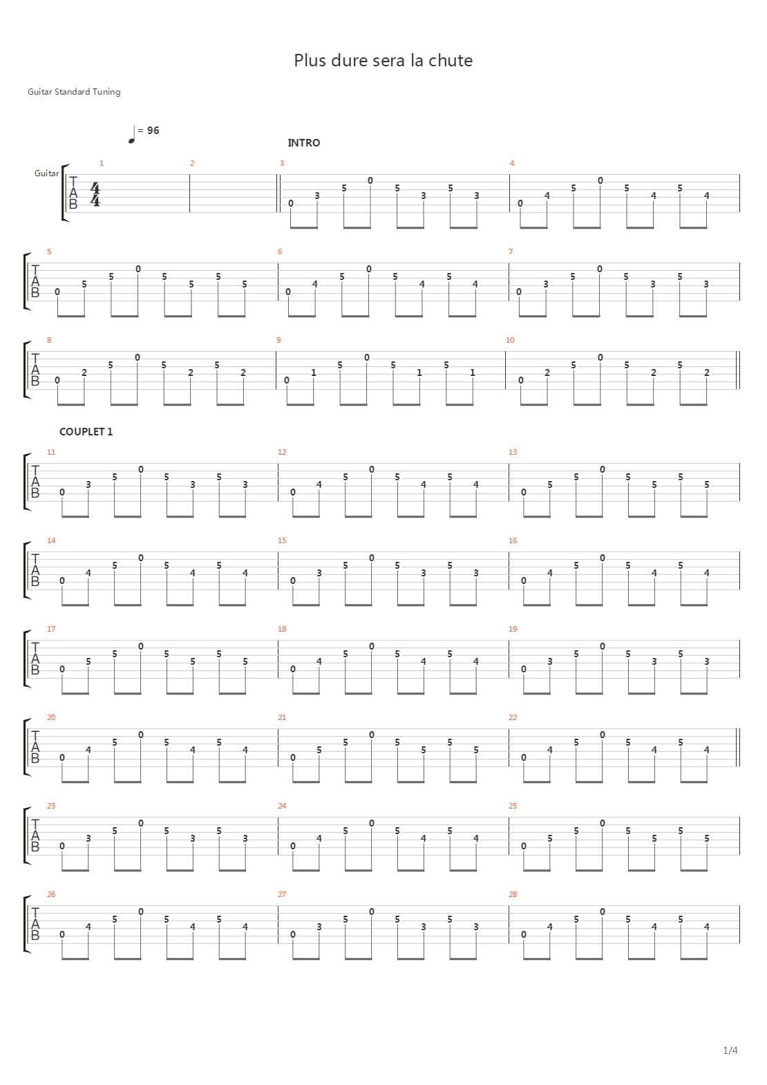 Plus Dure Sera La Chute吉他谱