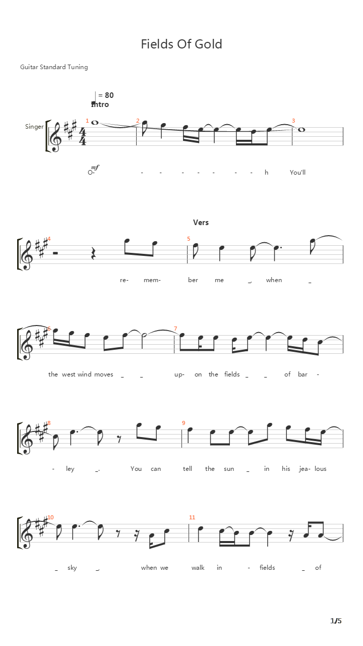 Fields Of Gold吉他谱