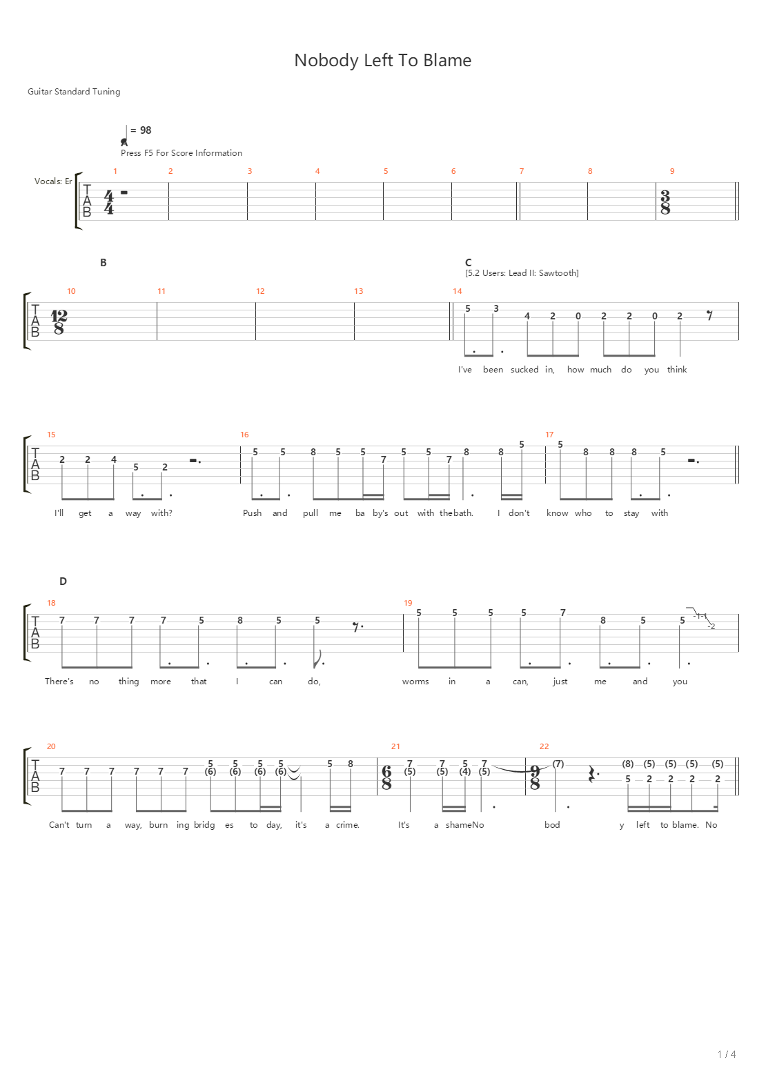 Nobody Left To Blame吉他谱