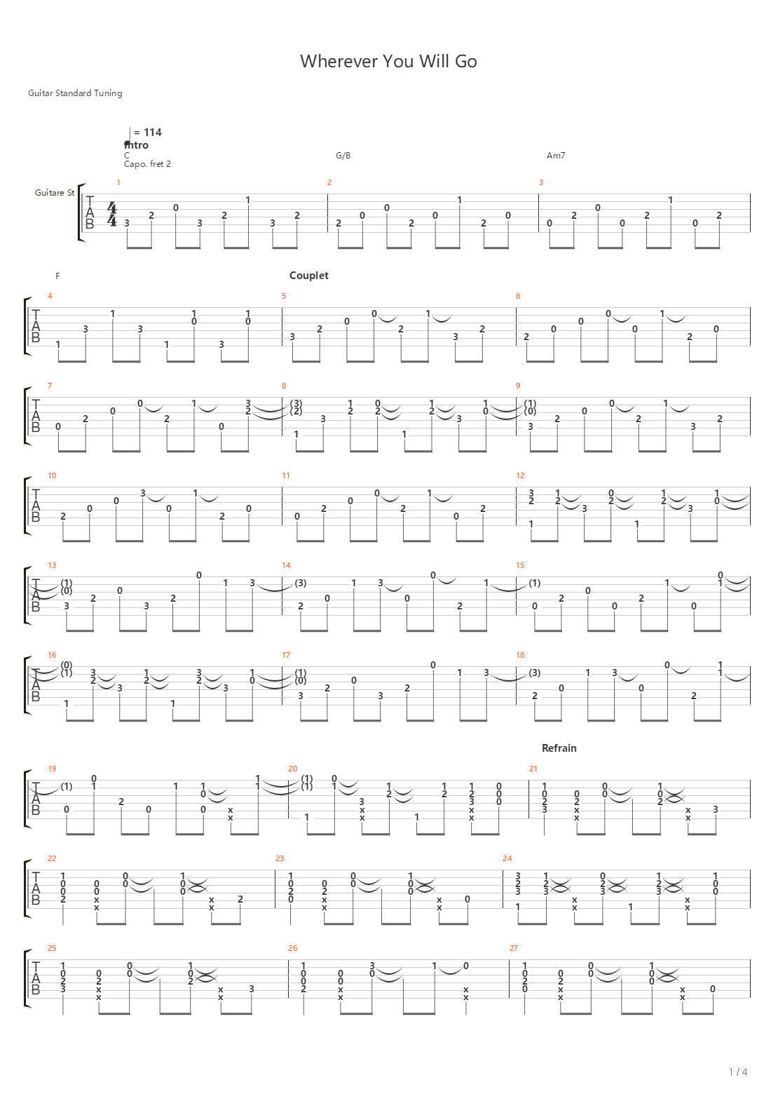 Wherever You Will Go吉他谱