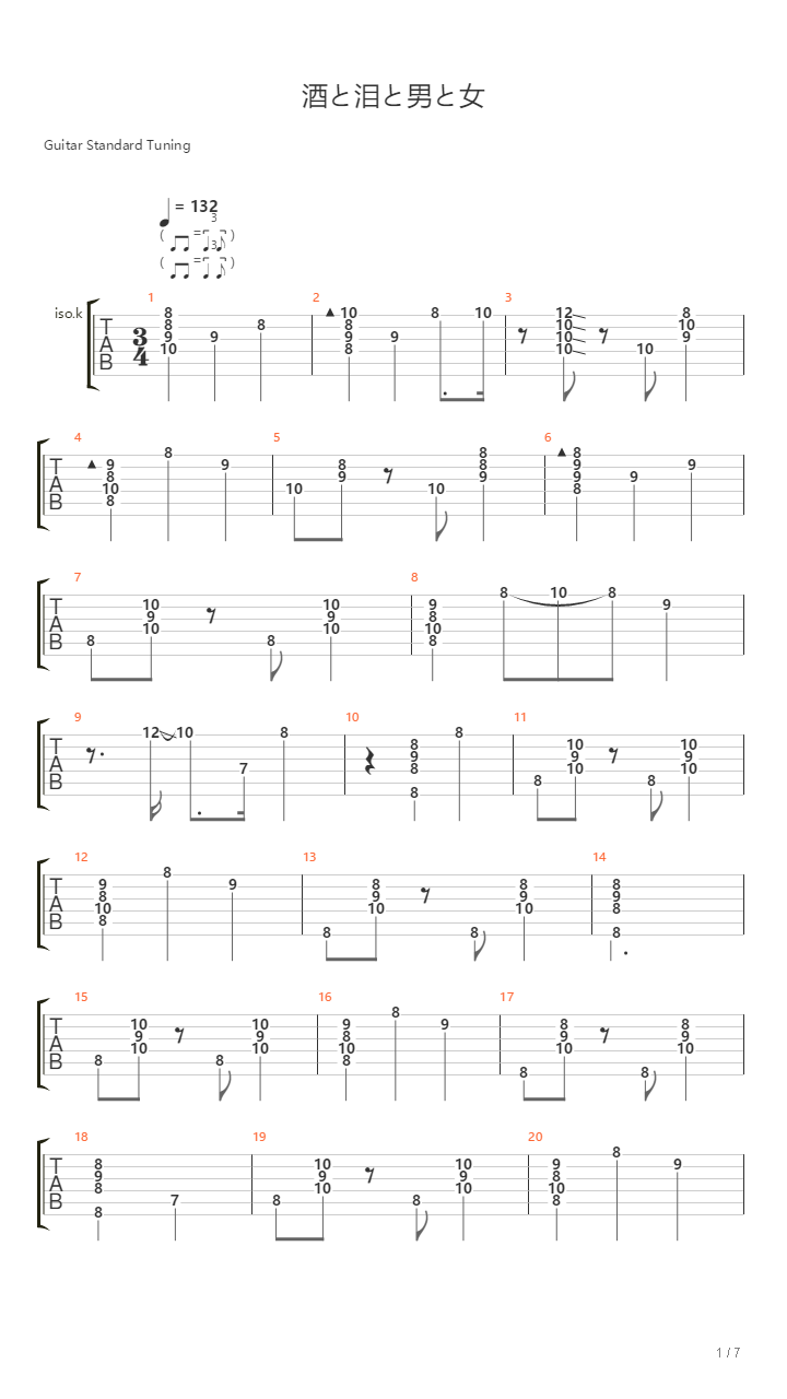 酒と泪と男と女吉他谱