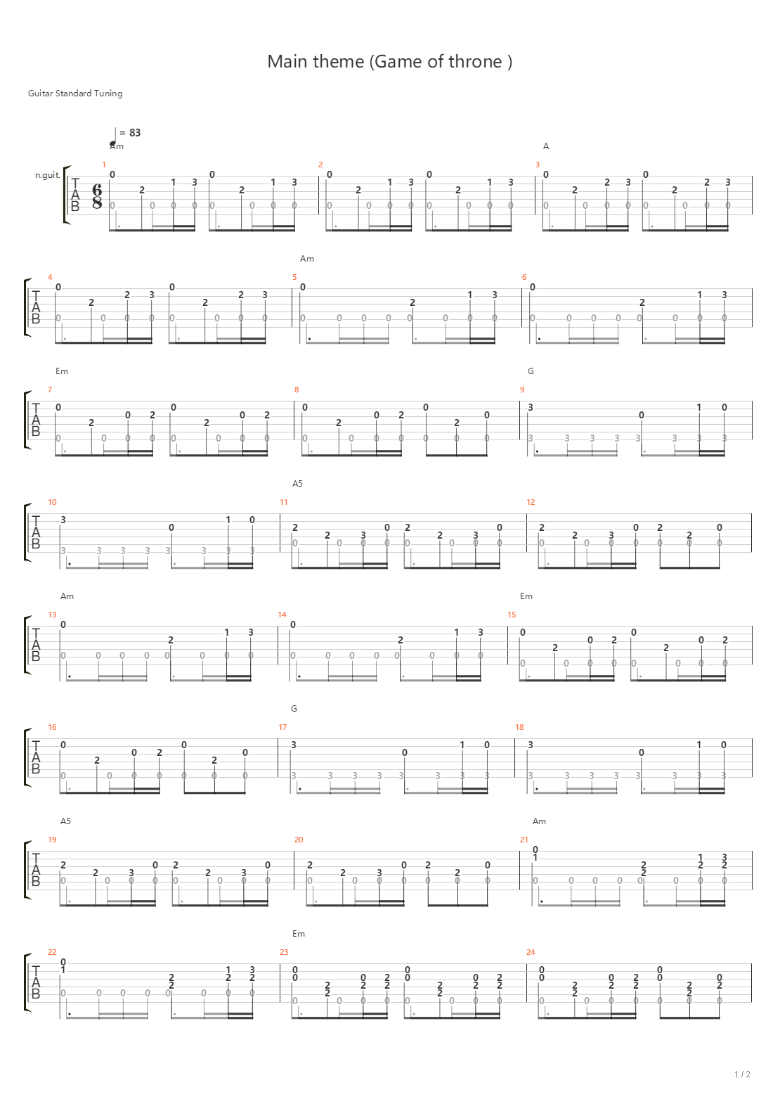 Main theme (Game of thrones  权力的游戏）吉他谱