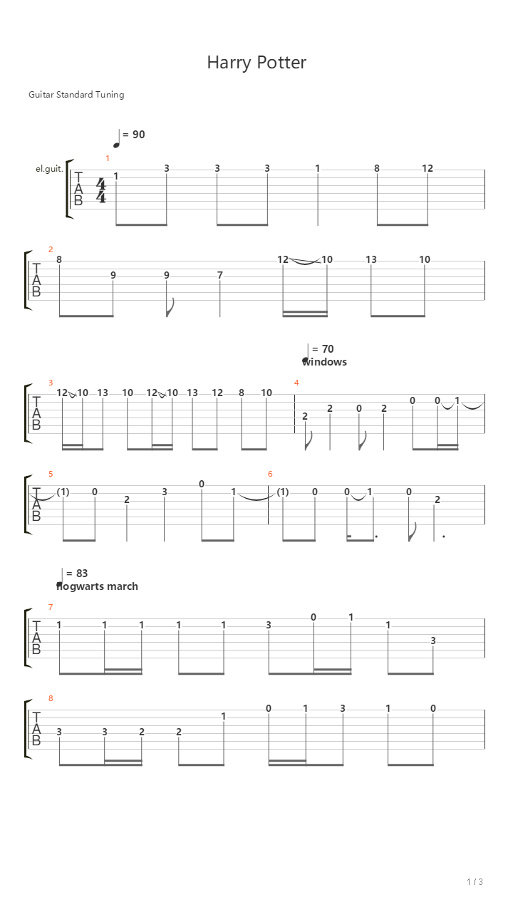 哈利波特 Harry Potter cut 片段吉他谱