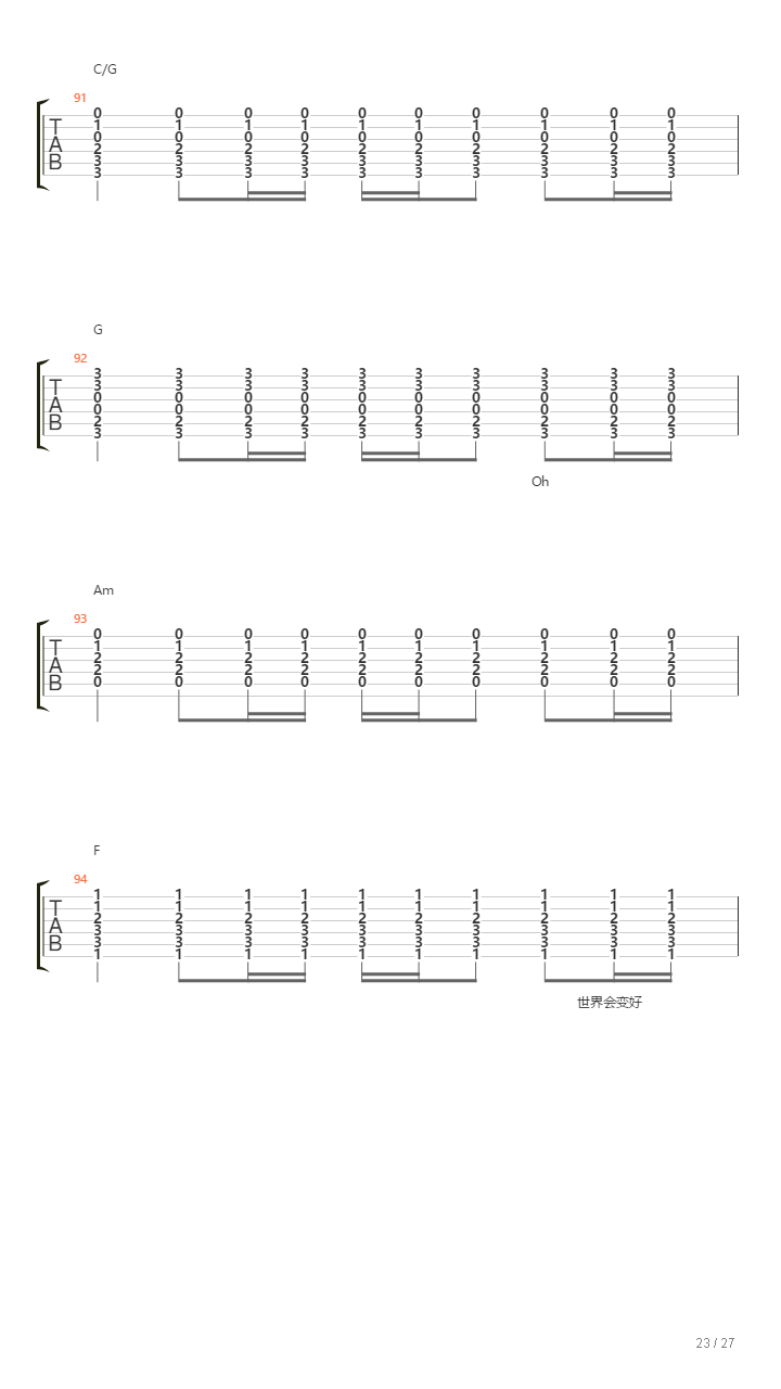 世界会变好（居家呆猫）吉他谱
