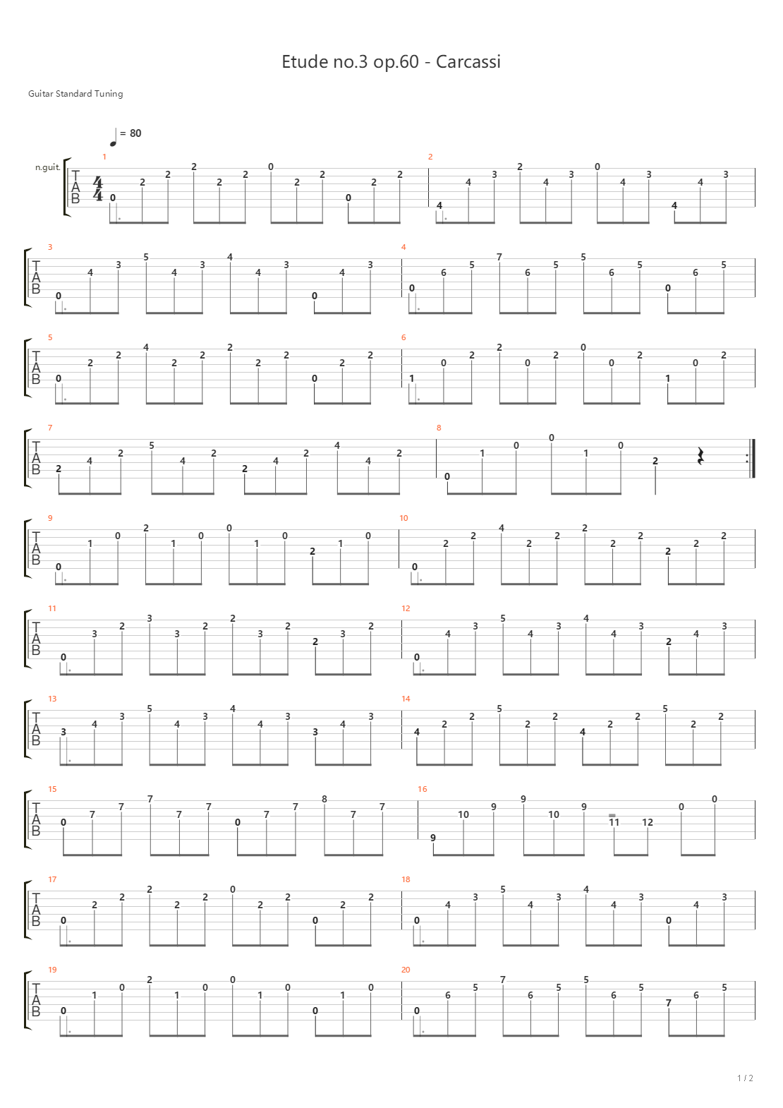 卡尔卡西练习曲第三首，指法修改版(A大调琶音练习) Carcassi Etude Op.60 No.3吉他谱