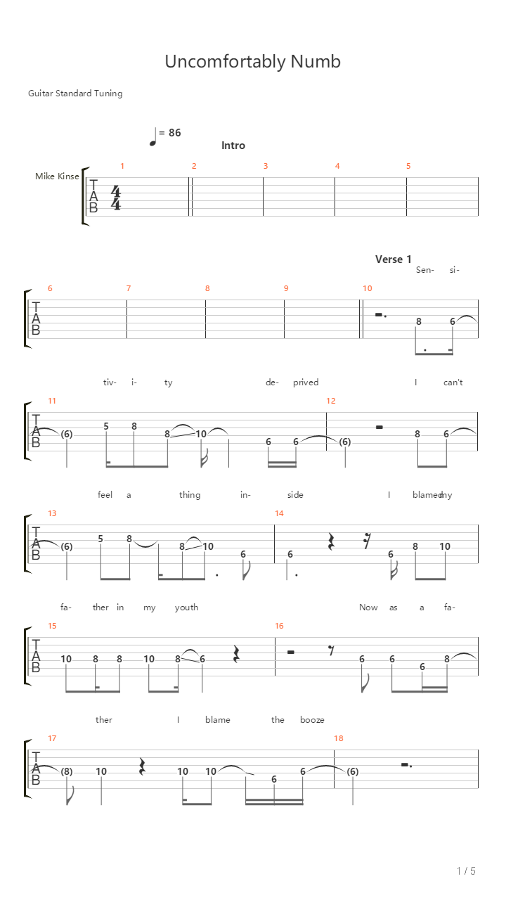 Uncomfortably Numb吉他谱