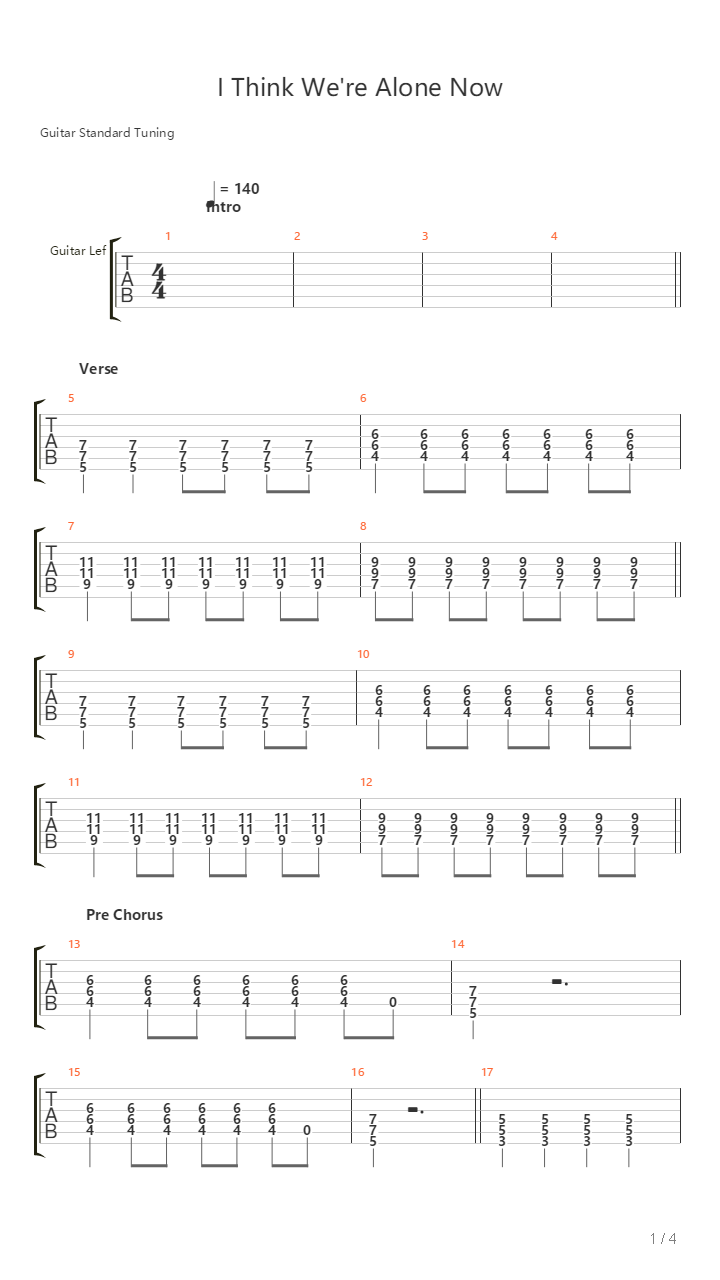 I Think Were Alone Now吉他谱