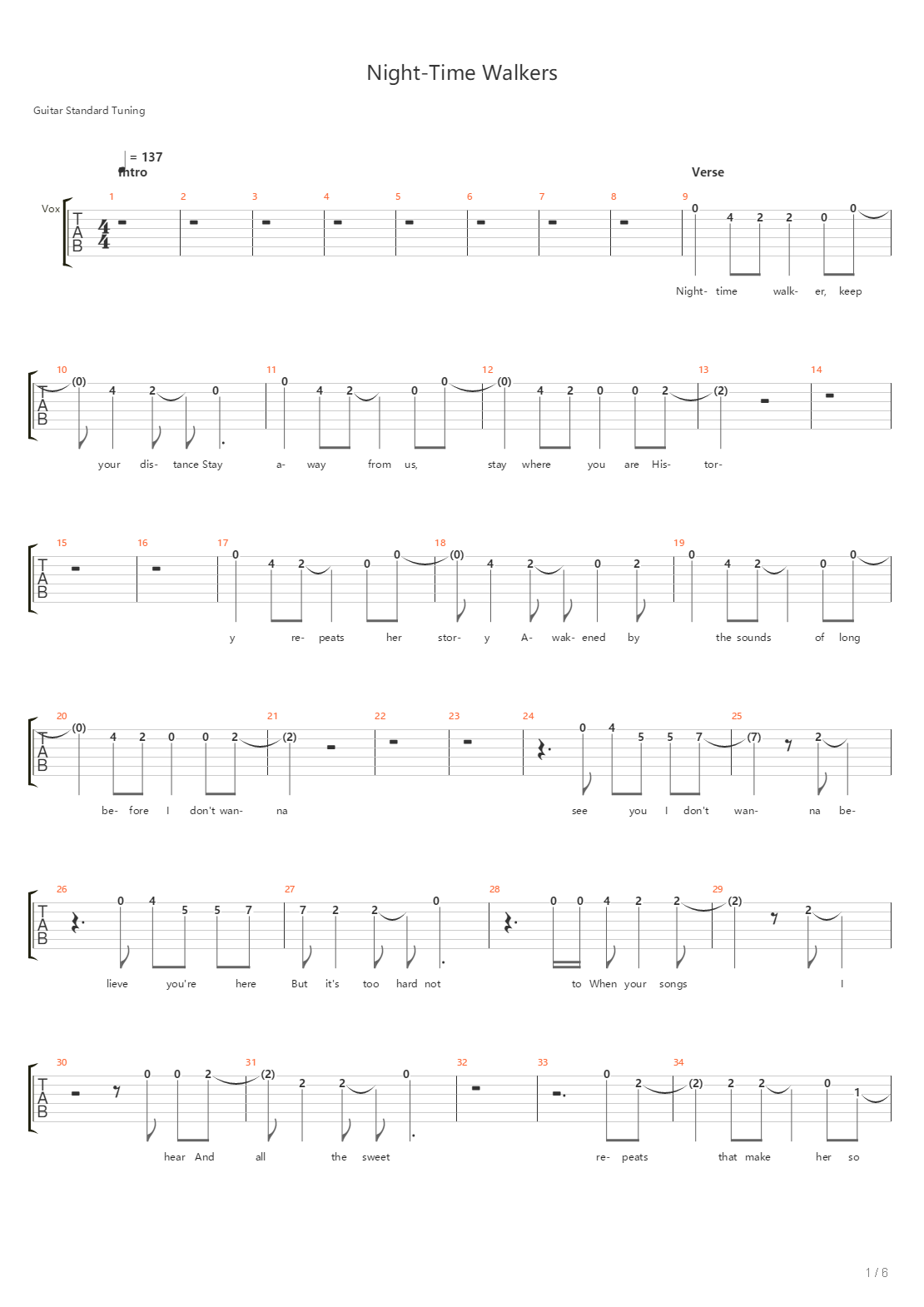 Night-Time Walkers吉他谱