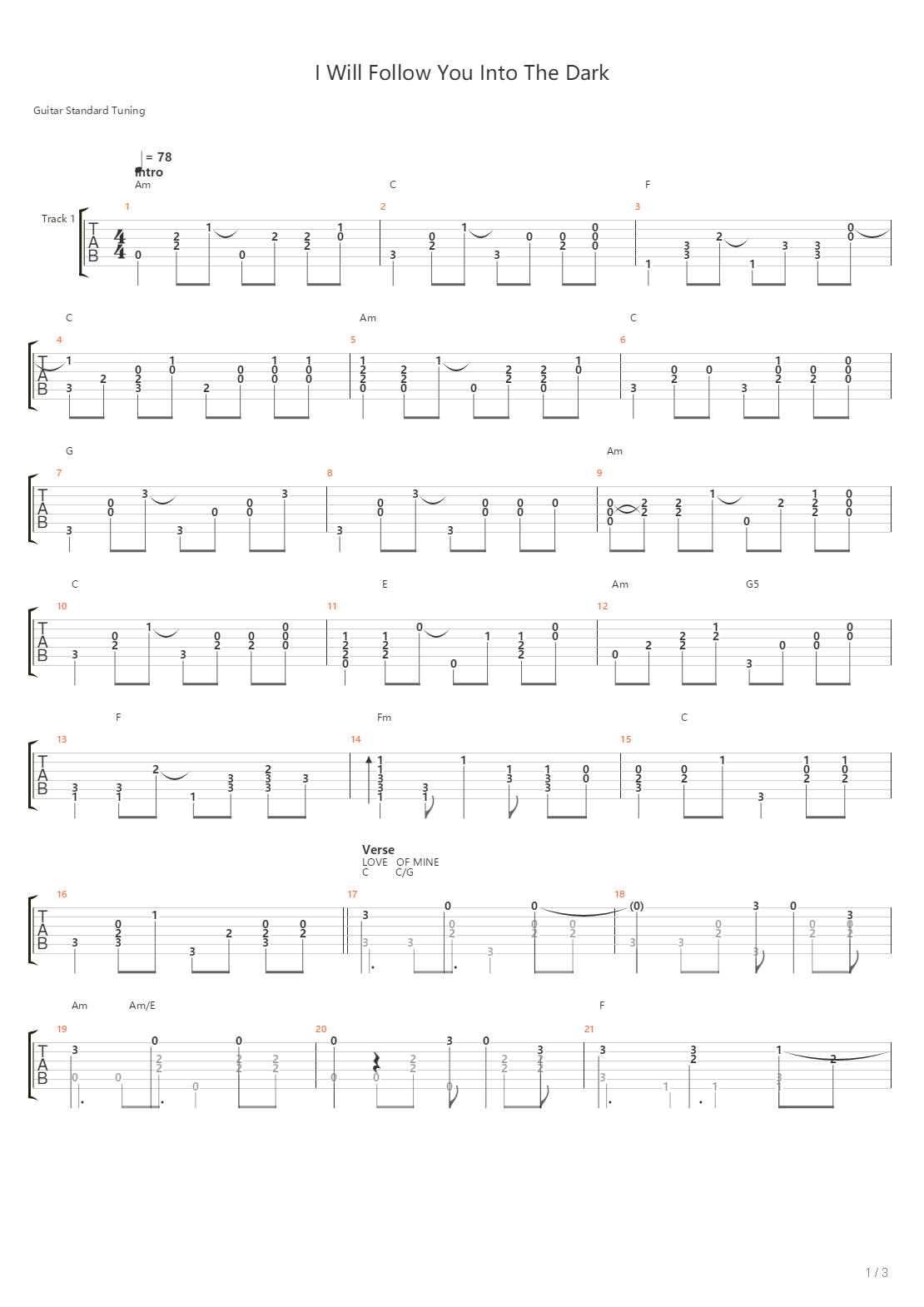 I Will Follow You Into The Dark吉他谱