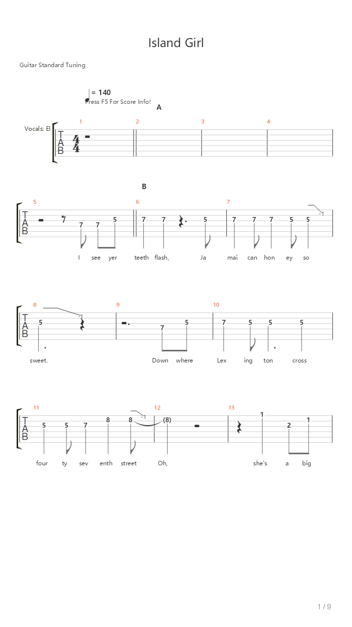 Island Girl吉他谱
