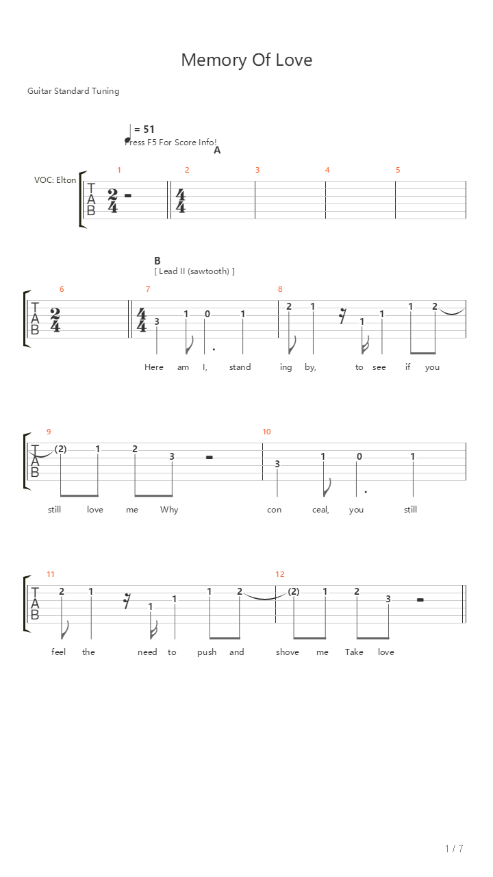 Memory Of Love吉他谱