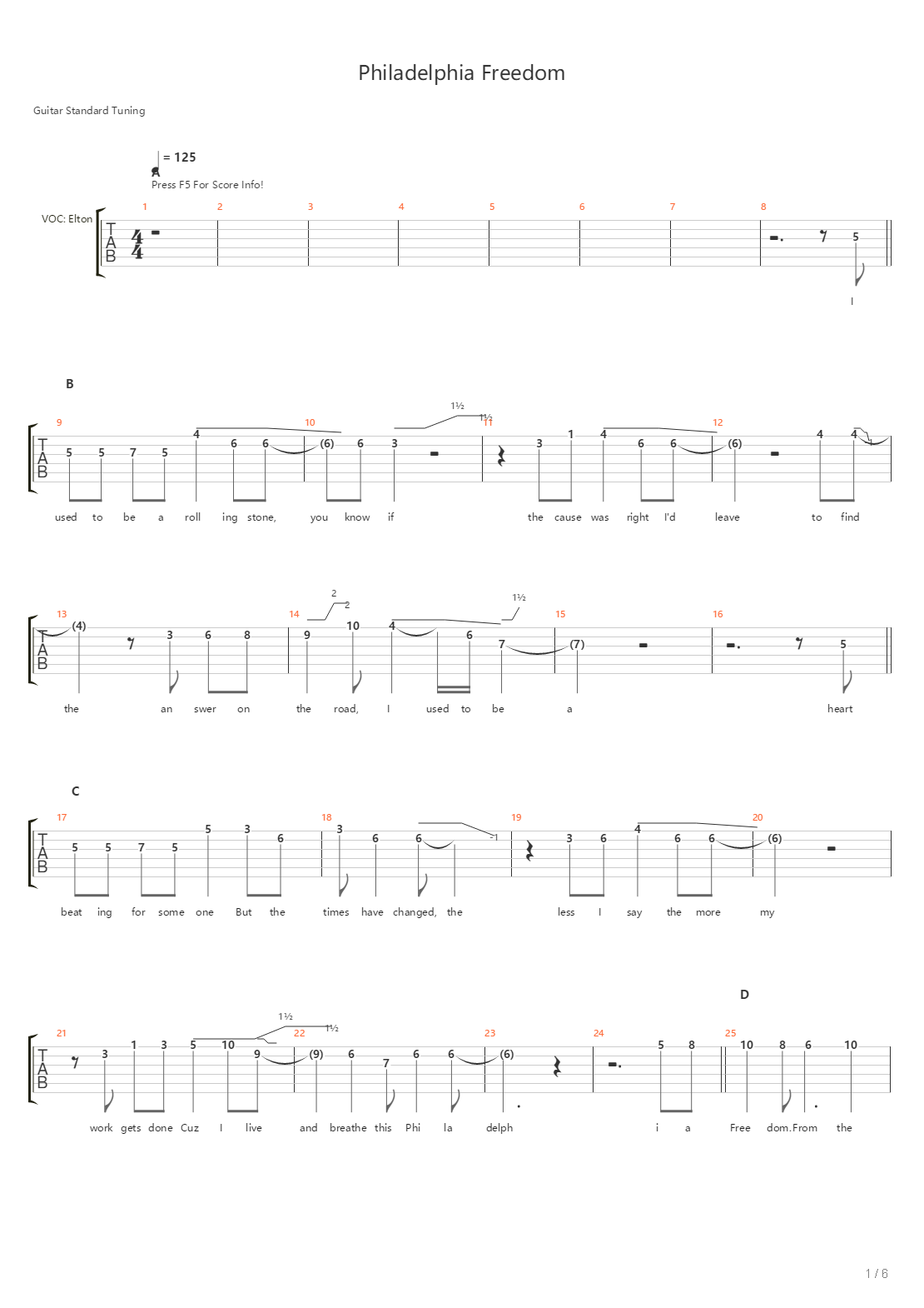 Philadelphia Freedom吉他谱