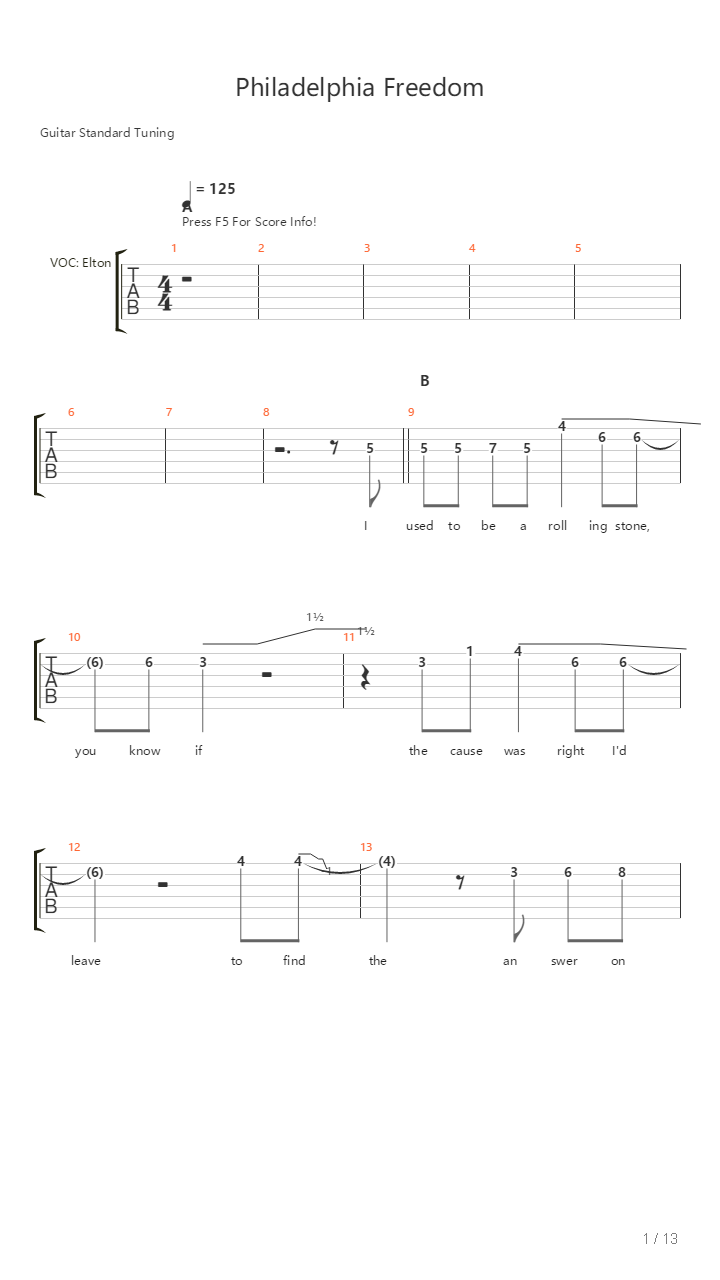 Philadelphia Freedom吉他谱