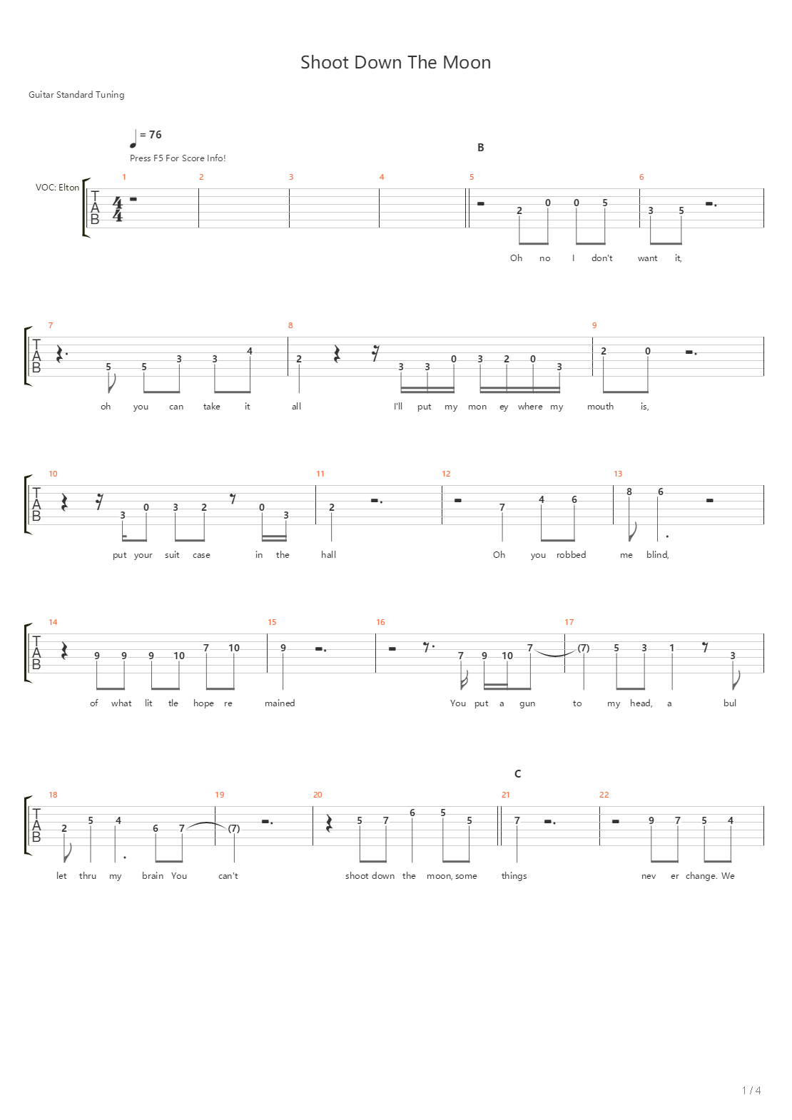 Shoot Down The Moon吉他谱