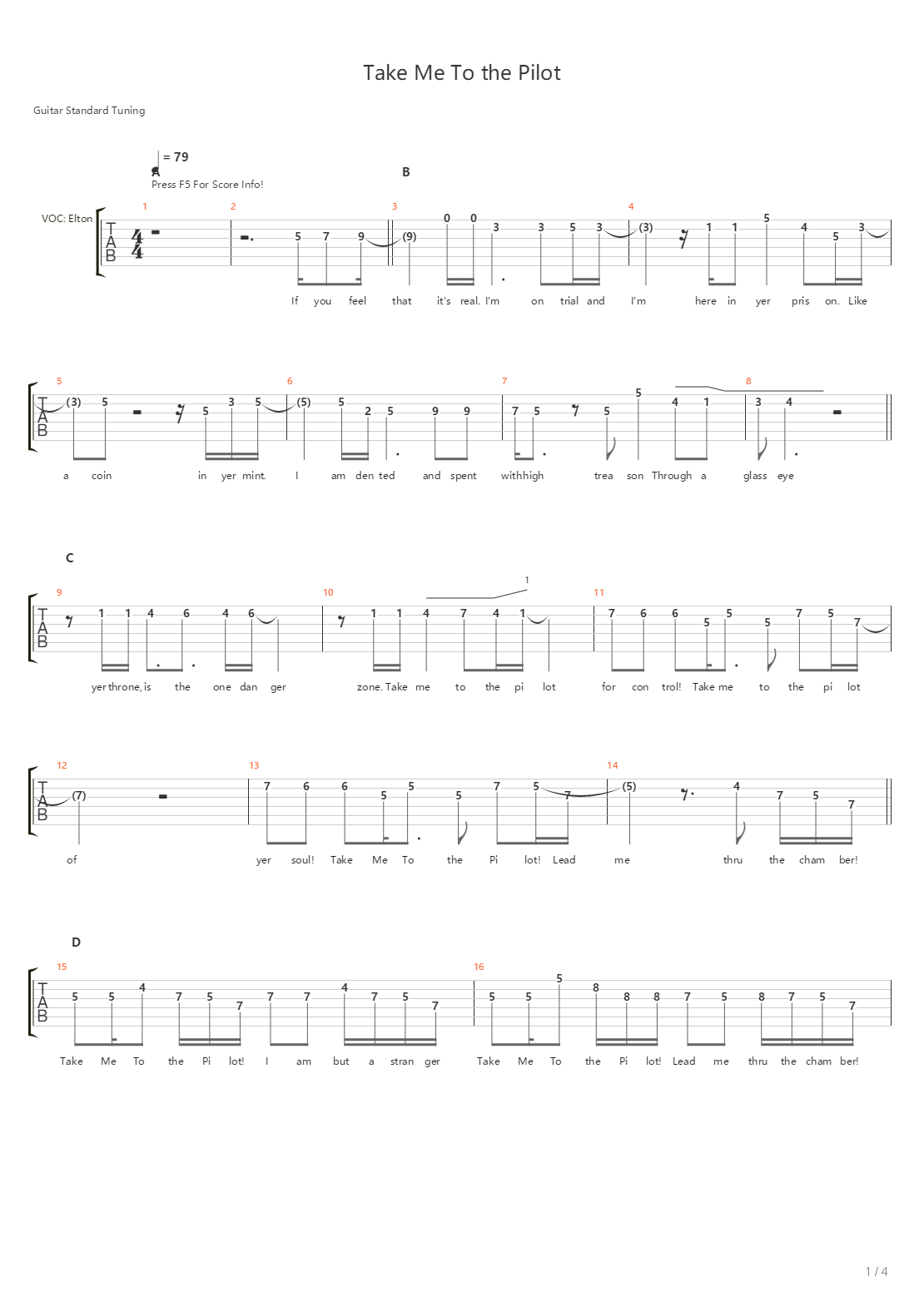 Take Me To The Pilot吉他谱
