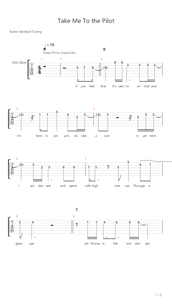 Take Me To The Pilot吉他谱