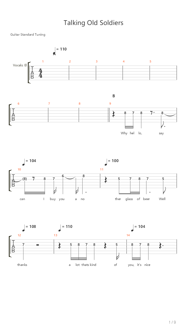 Talking Old Soldiers吉他谱