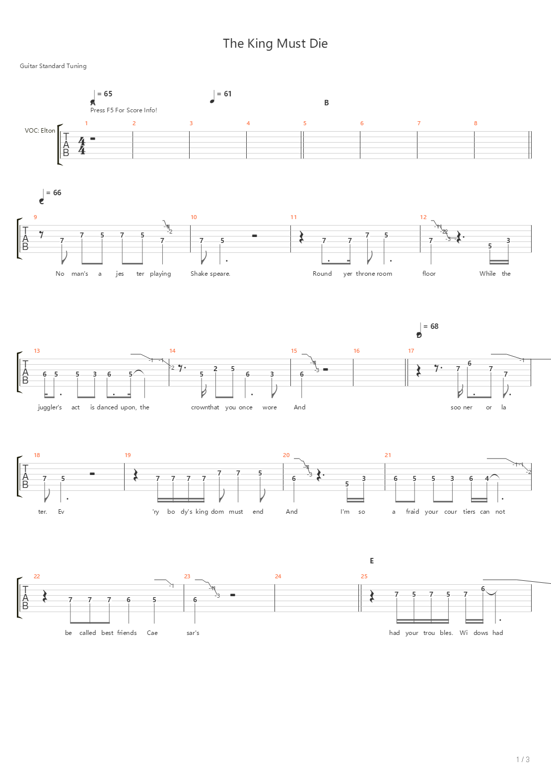 The King Must Die吉他谱