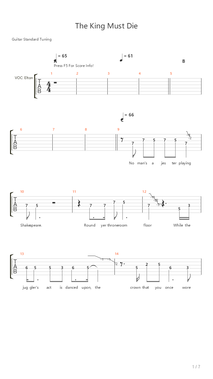 The King Must Die吉他谱