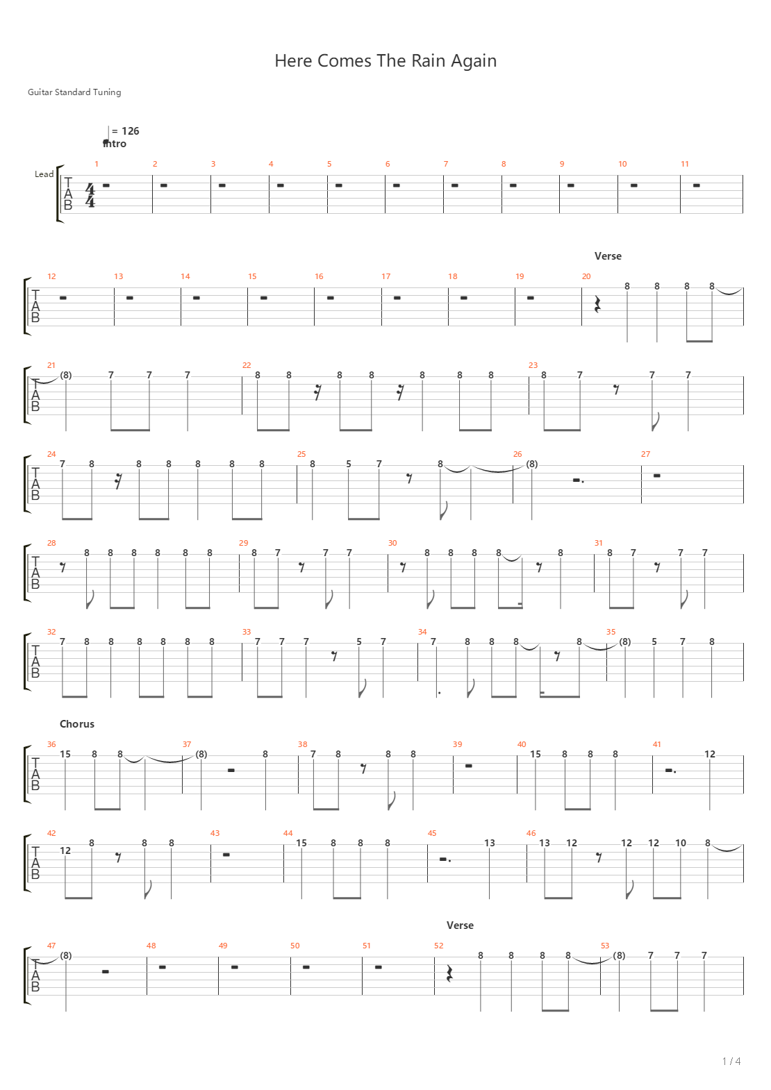 Here Comes The Rain Again吉他谱