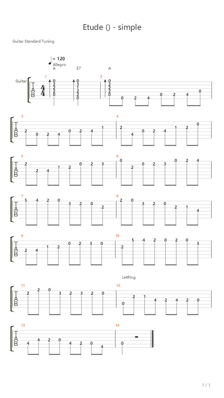 Etude In A Major吉他谱