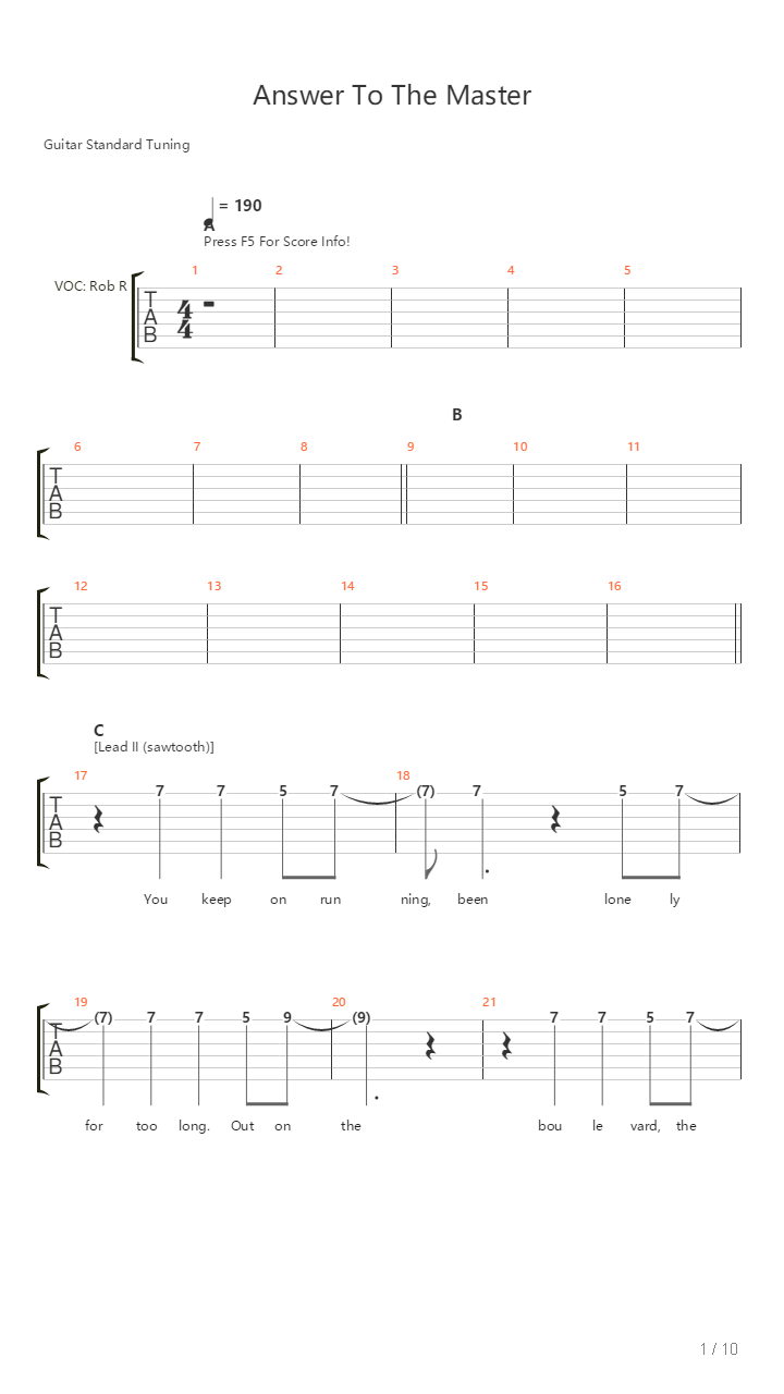Answer To The Master吉他谱
