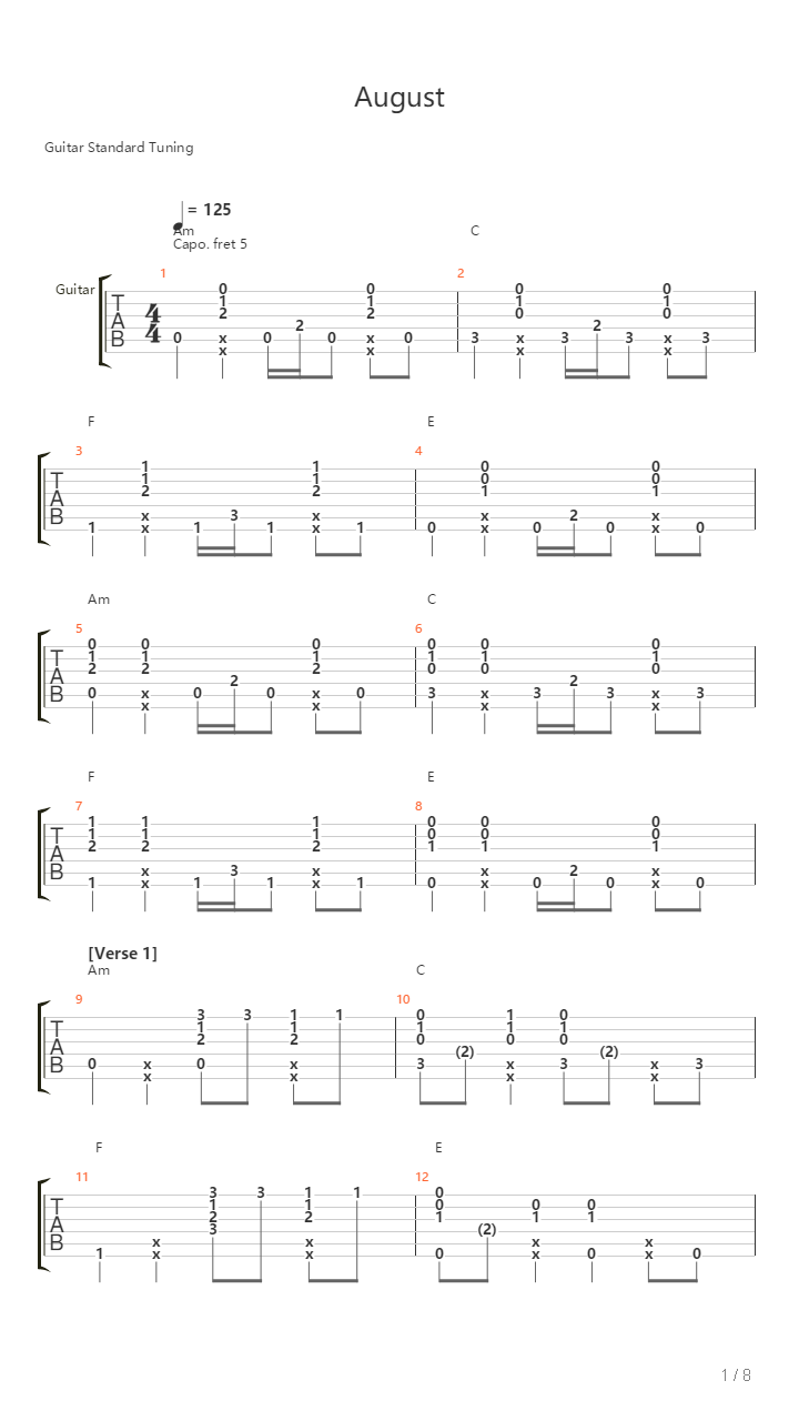 August吉他谱