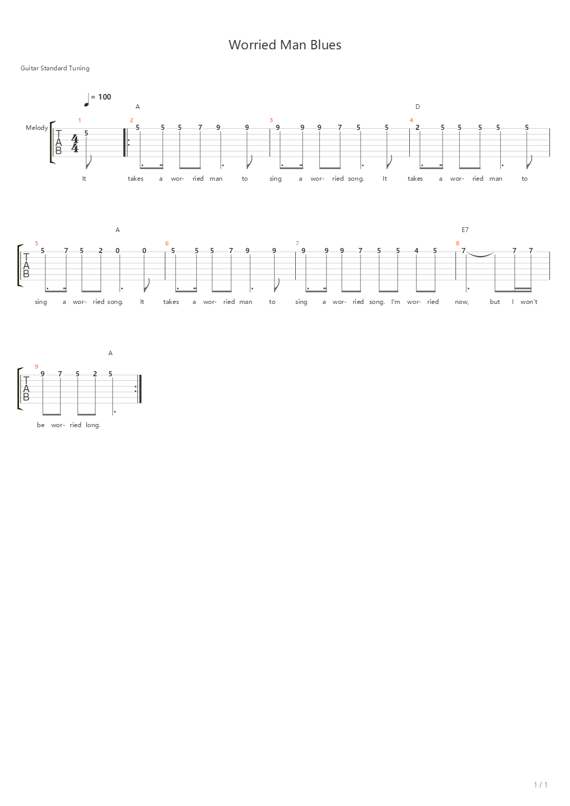 Worried Man Blues吉他谱