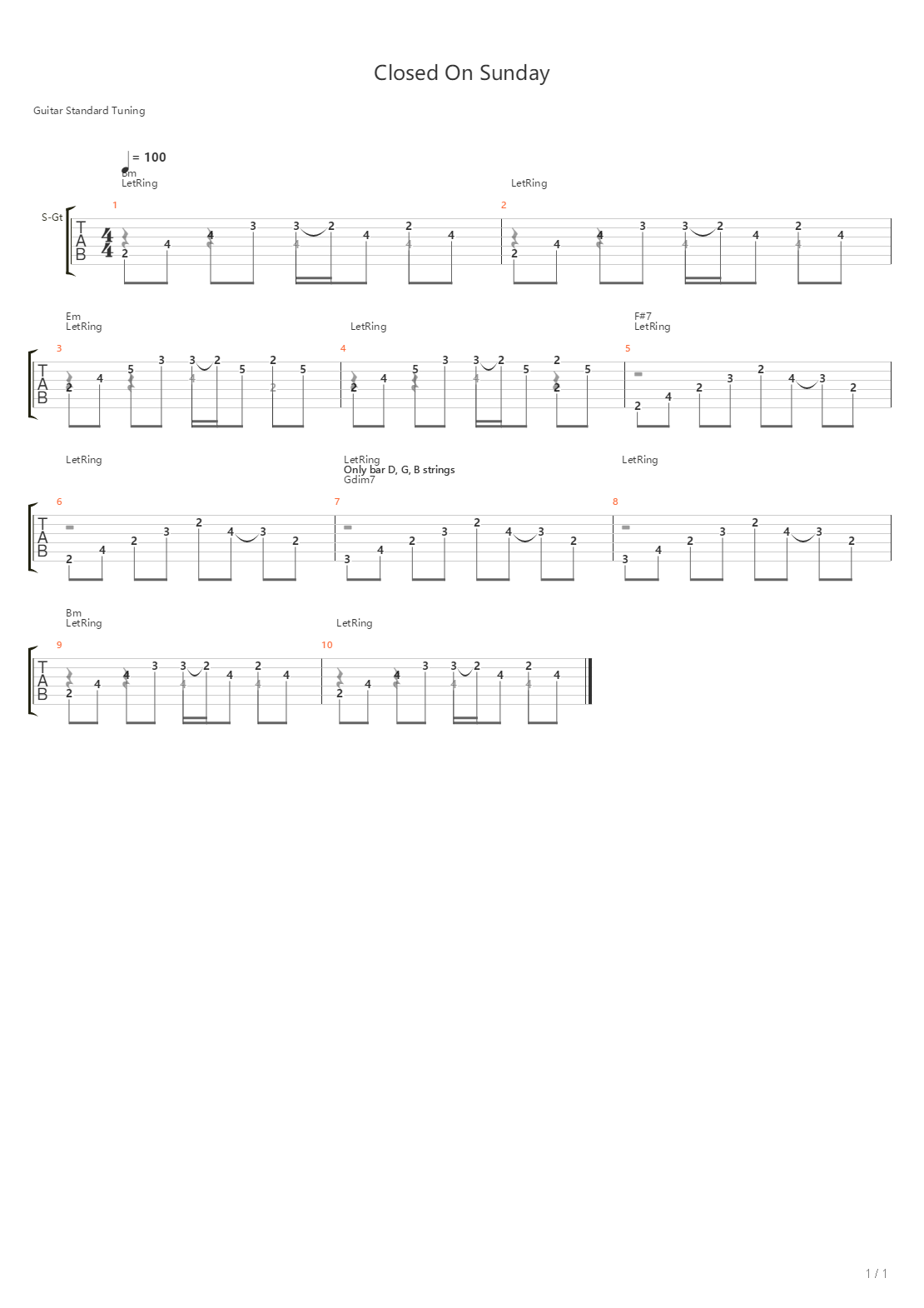 Closed On Sunday吉他谱