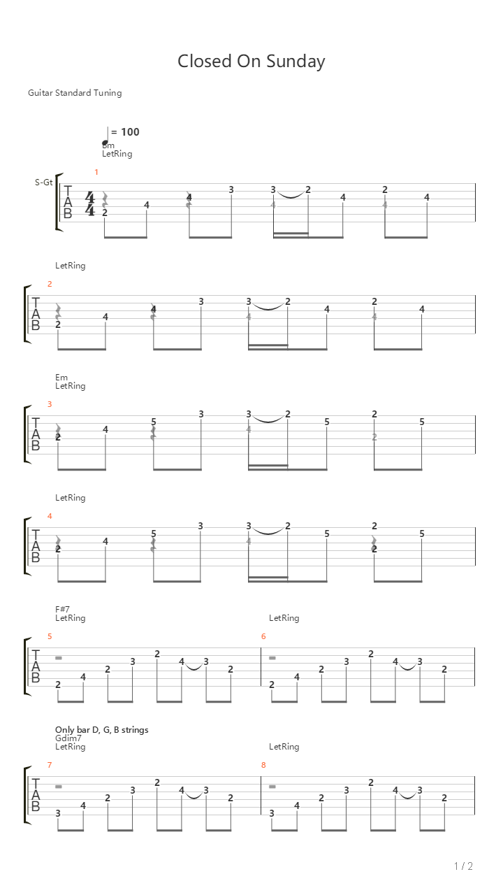 Closed On Sunday吉他谱