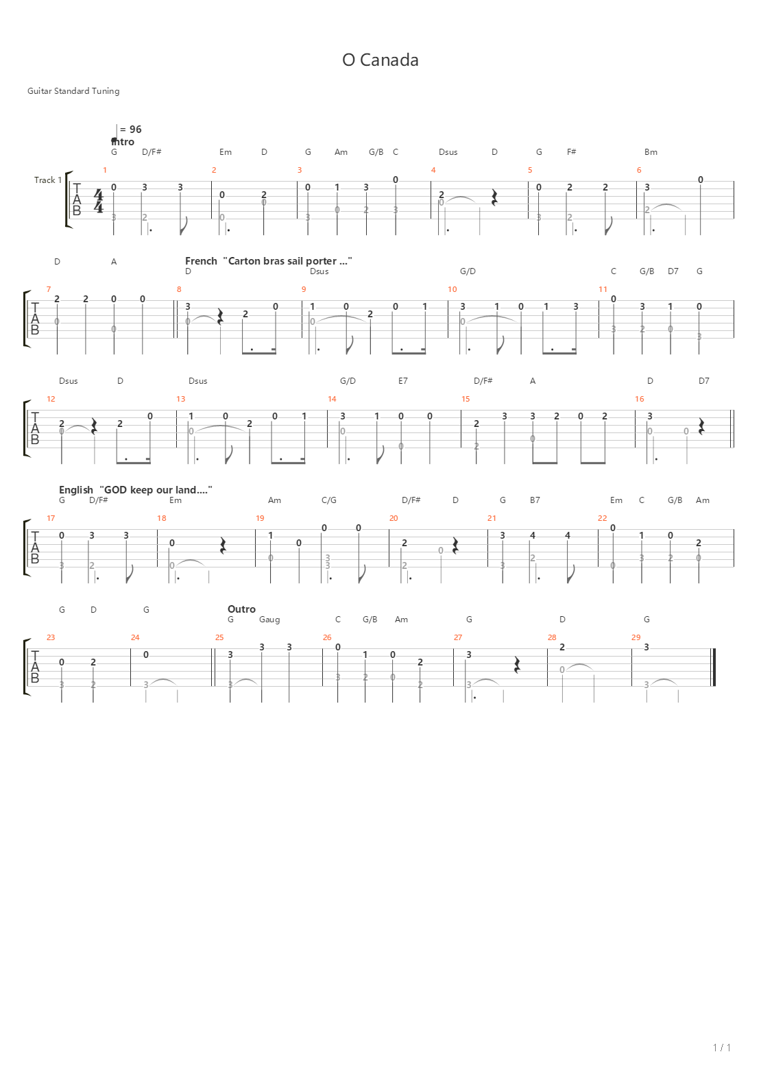 O Canada吉他谱
