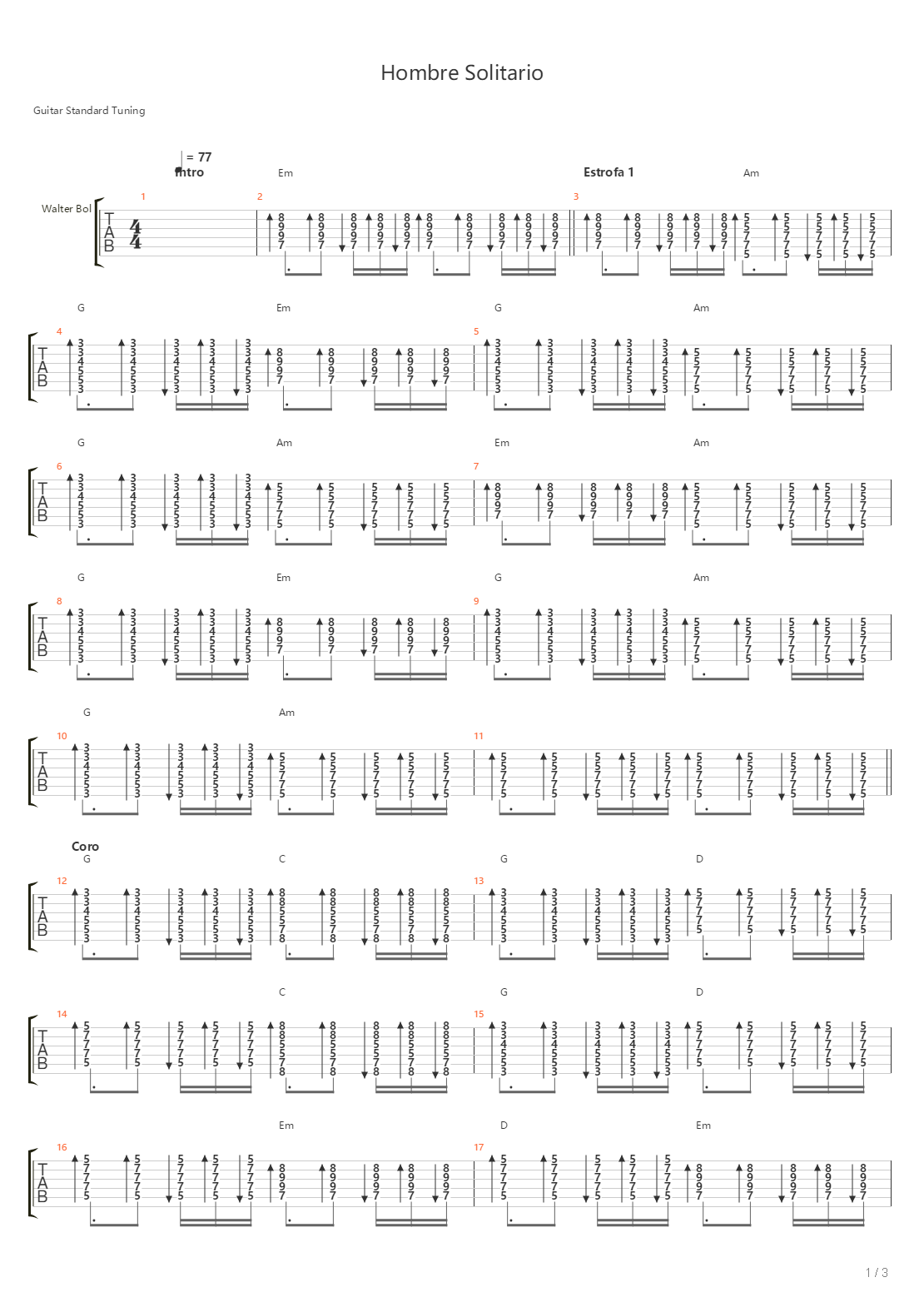 Hombre Solitario吉他谱