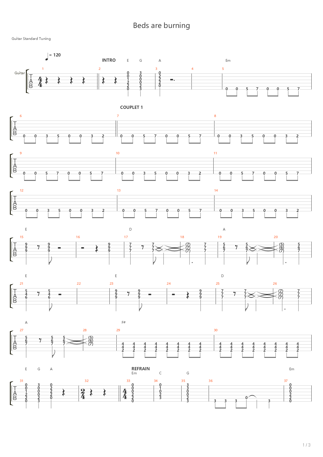 Beds Are Burning吉他谱