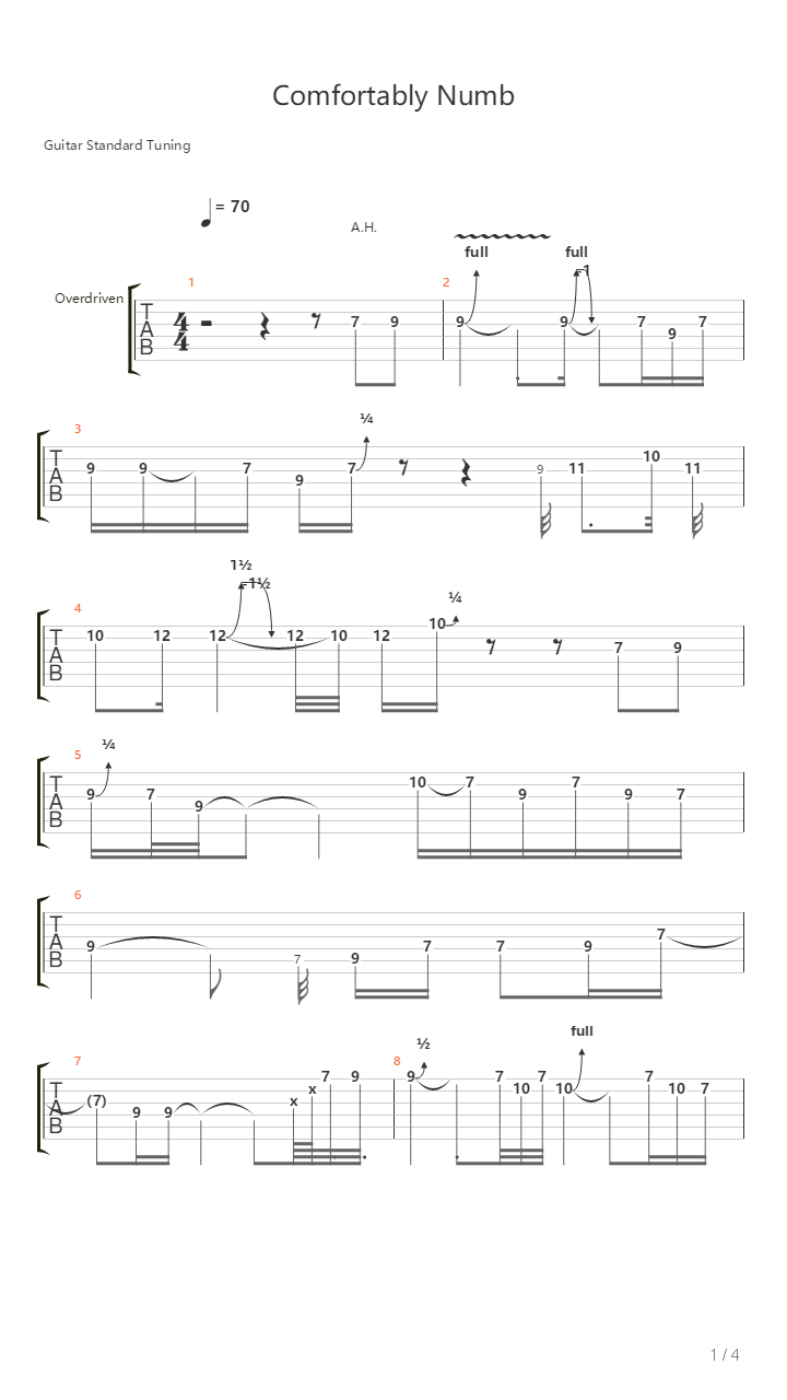 Comfortably Numb吉他谱